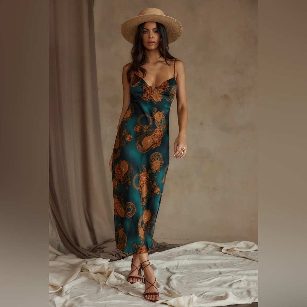 12th Tribe Alexandria Teal Printed Midi Dress